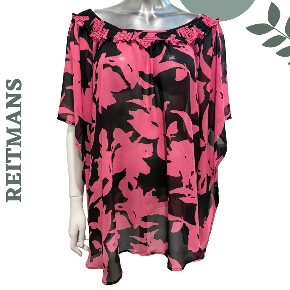 Reitmans Pink Black Sheer Floral Poncho Top Oversized Flow Blouse Plus Size 1X